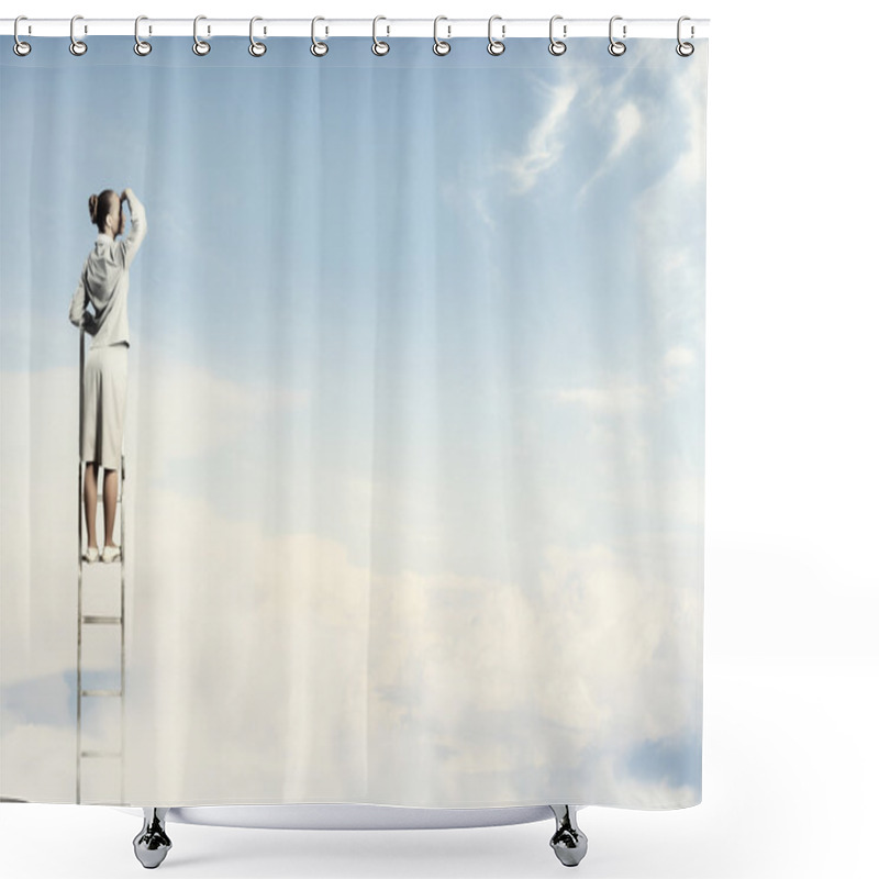 Personality  Businesswoman Standing On Ladder Shower Curtains