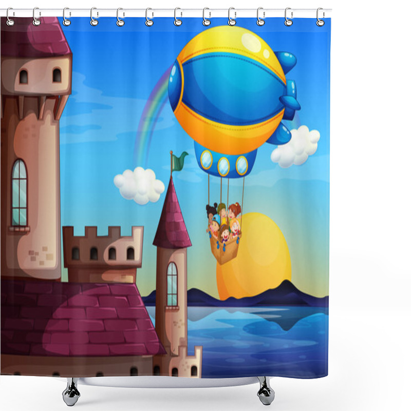 Personality  A Floating Balloon With Kids Going To The Castle Shower Curtains