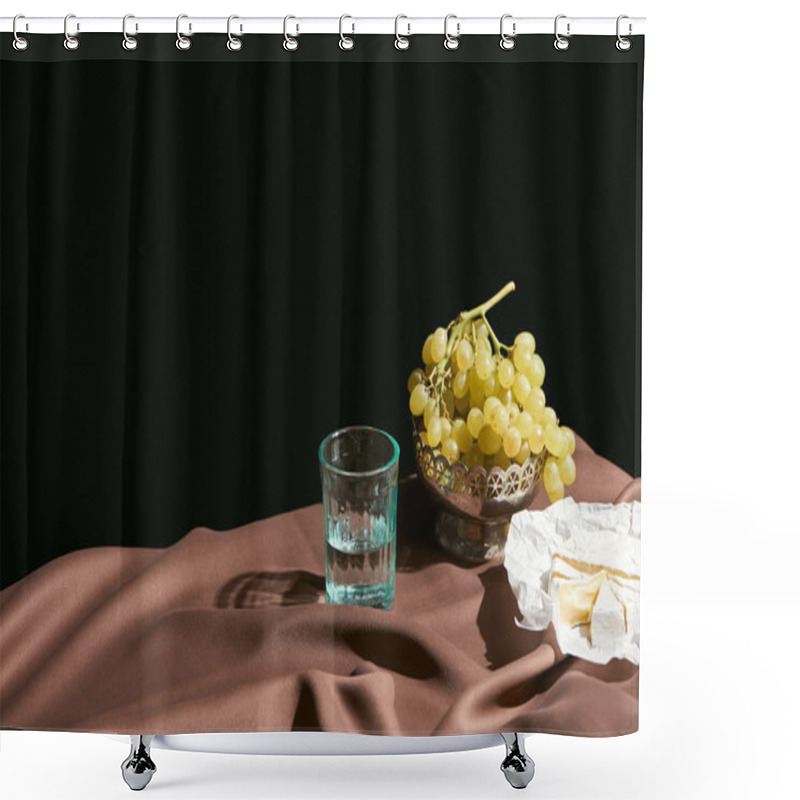 Personality  Classic Still Life With Camembert Cheese, Grape And Water In Glass On Table With Brown Tablecloth Isolated On Black Shower Curtains