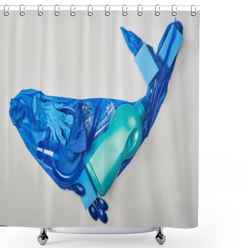 Personality  Top View Of Whale Figure Made Of Rubber Gloves, Plastic Plates, Cups, Sponges, Spoons, Bag And Bottle Isolated On White Shower Curtains