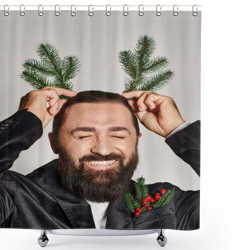 Personality  Cheerful Bearded Man In Suit Holding Two Spruce Branches Near Head And Smiling On Grey Backdrop Shower Curtains