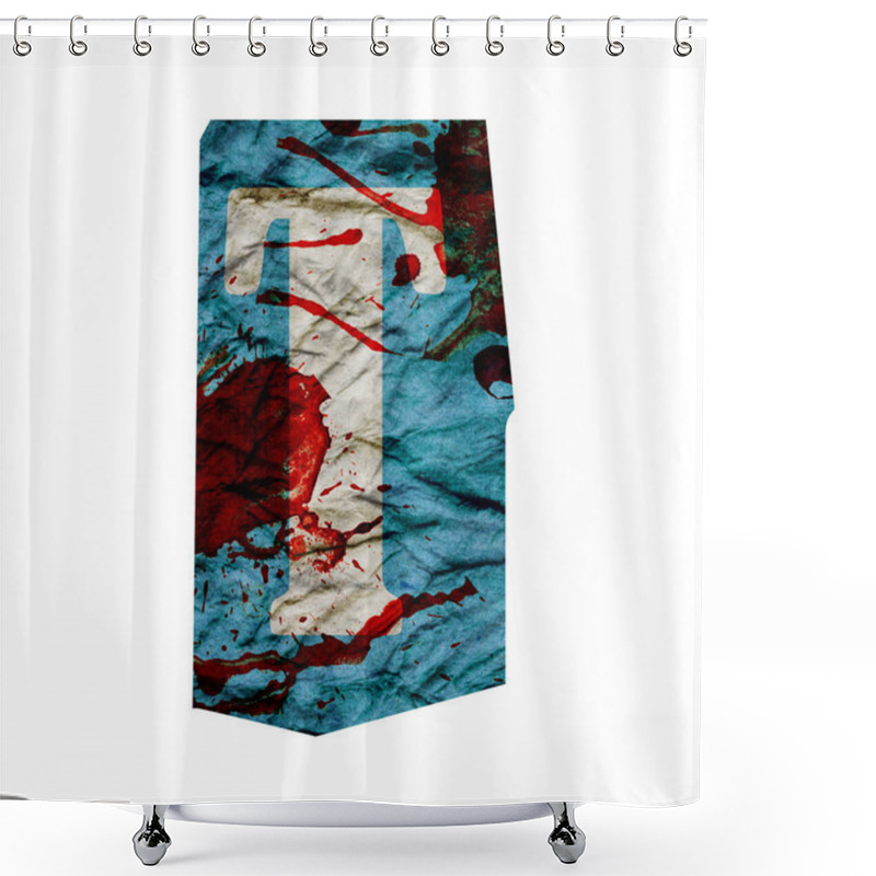 Personality  Cut Out Ransom Alphabet Letter. Blackmail Ransom Kidnapper Anonymous Note Font. English Letter Crumpled Grungy Vintage Old Paper Texture With Blood Splashes Isolated On A White. Collage Style Design Shower Curtains