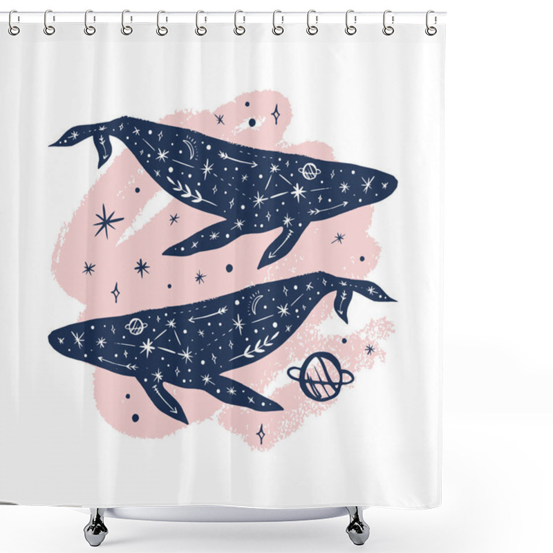 Personality  Vector Patterned Whales Couple, Moon And Stars, Space Constellations. Beautiful Onamental Animal Print, Northern Lights. Fairytale Fantasy Illustration Shower Curtains