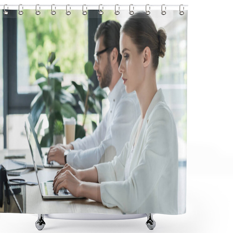 Personality  Side View Of Concentrated Young Managers Working With Laptops Together At Office Shower Curtains