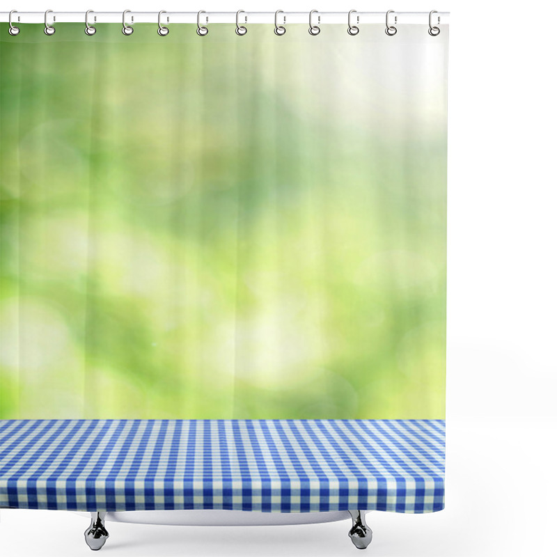 Personality  Empty Table  With Blurred Green Background Shower Curtains