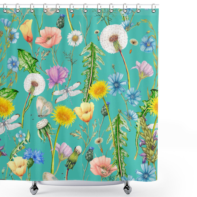 Personality  Hand Drawn Botanical Seamless Pattern Of Garden Wildflowers,plants Shower Curtains