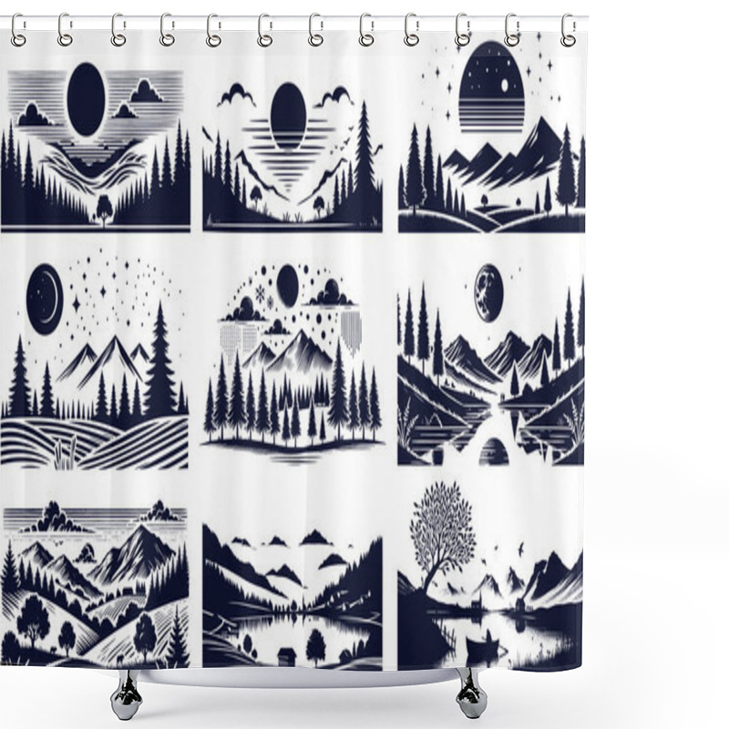 Personality  The Image Shows A Collection Of Landscape Illustrations In A Minimalistic Graphic Stencil Style Shower Curtains