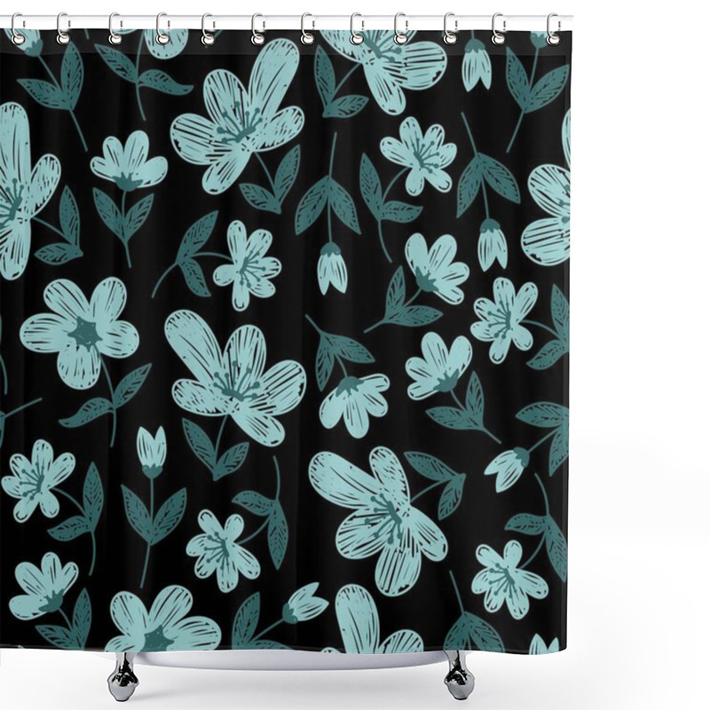 Personality  Seamless Pattern With Mint Painted Flowers On A Black Background In A Vector Shower Curtains