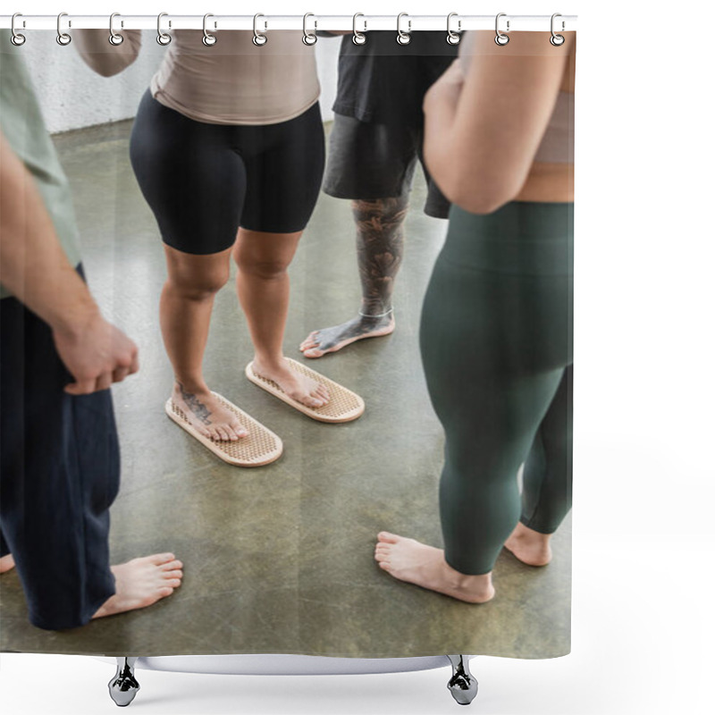 Personality  Cropped View Of Tattooed Woman Standing On Sadhu Nail Board Near People In Yoga Studio  Shower Curtains