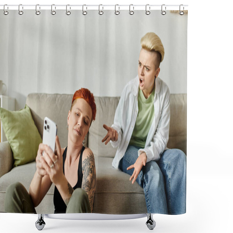 Personality  Two Lgbt Women Sitting On A Couch, Engaged In Browsing A Cell Phone Together. Shower Curtains