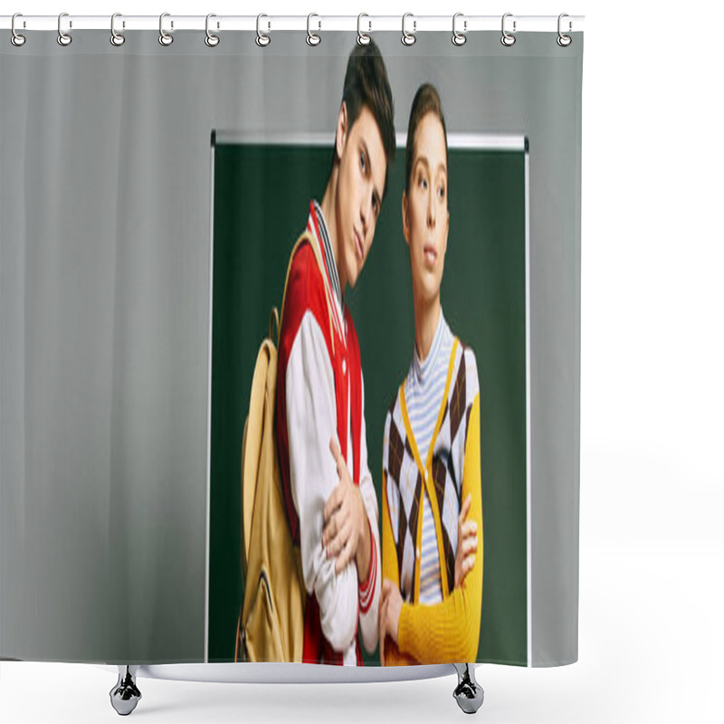 Personality  Two Stylish College Students Strike A Pose On A Roll Up Banner In A Classroom Setting. Shower Curtains