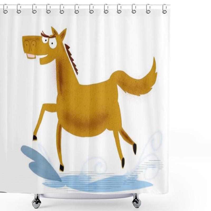 Personality  Cartoon Of Large Brown Horse Powerfully Splashing Through Water.  Shower Curtains