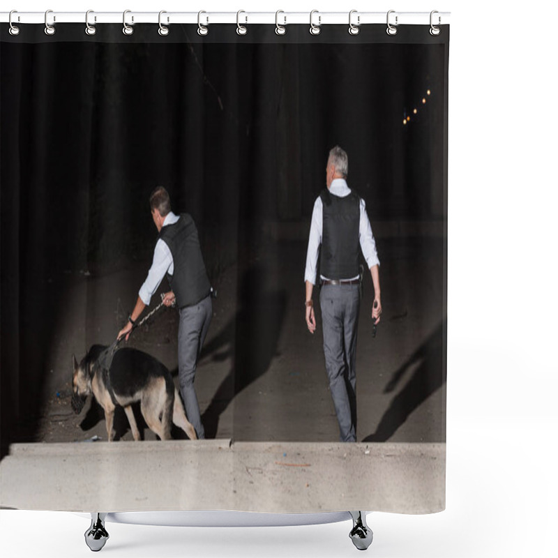 Personality  Rear View Of Male Police Officers With German Shepherd On Leash At Street  Shower Curtains