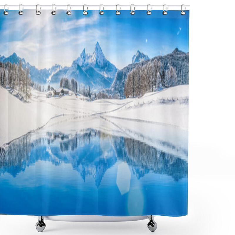 Personality  Winter Wonderland With Mountain Lake In The Alps Shower Curtains