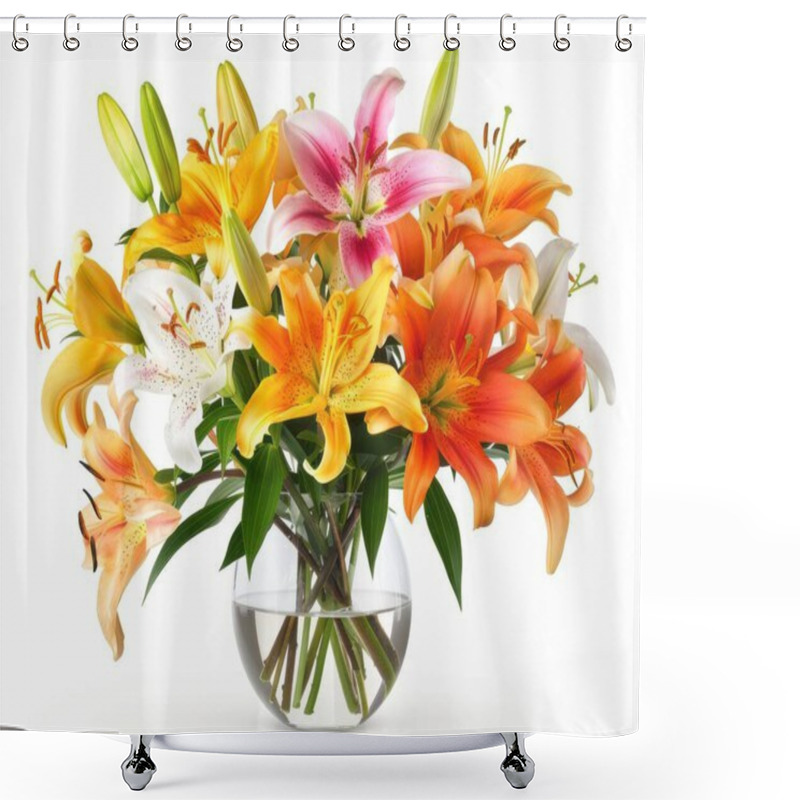 Personality  A Vibrant Bouquet Of Assorted Lilies In A Clear Vase, Showcasing Their Colorful Blooms And Lush Green Leaves. Shower Curtains