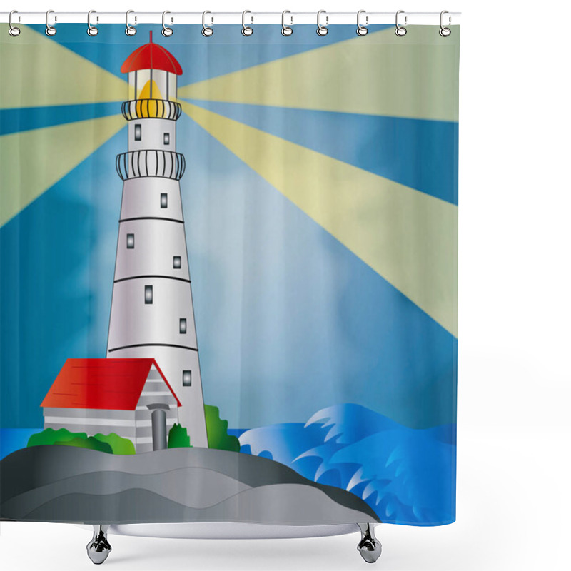 Personality  Graphic Illustration Of A Tall Lighthouse As A Beacon Of Light Shed Across The Sea In The Midst Of A Storm.Square Image. Shower Curtains