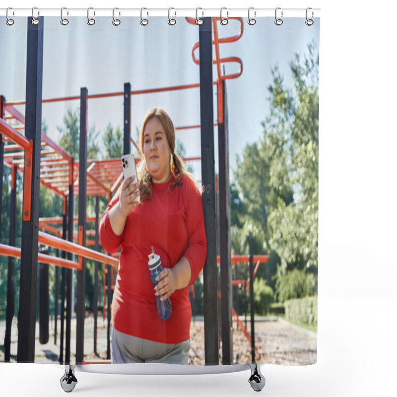 Personality  A Beautiful Plus Size Woman Exercises Outdoors, Glancing At Her Phone For Guidance. Shower Curtains