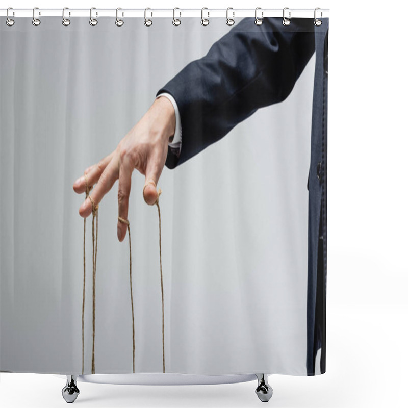 Personality  Cropped View Of Puppeteer With Strings On Fingers Isolated On Grey Shower Curtains