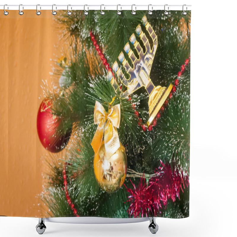 Personality  Jewish Menorah On A Christmas (New Year) Tree. Shower Curtains