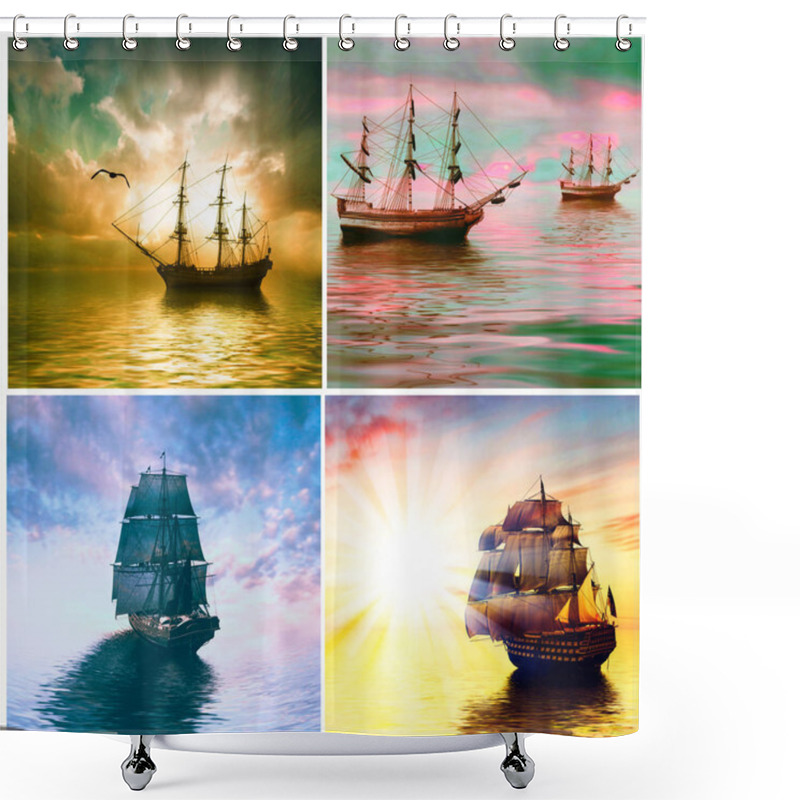 Personality  3D Illustration. Set Of Old Ship Drifting Over Sea At Sunset In Sky. Shower Curtains