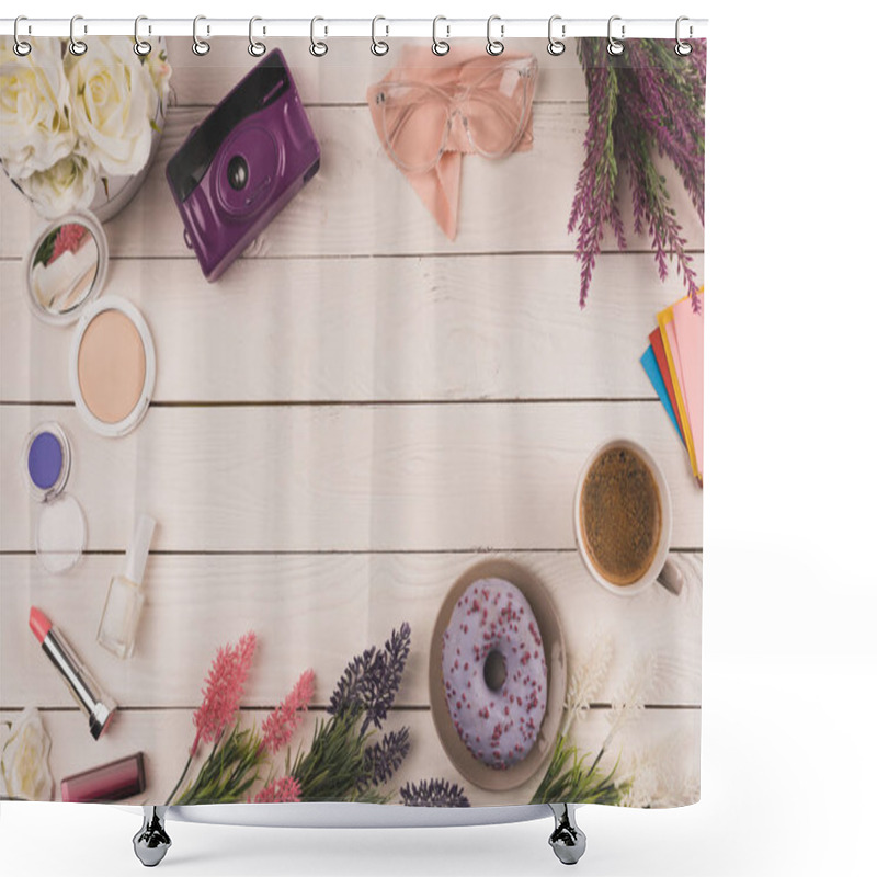 Personality  Top View Of Flowers, Camera, Cosmetics, Cup Of Coffee And Doughnut On Wooden Table Top Shower Curtains