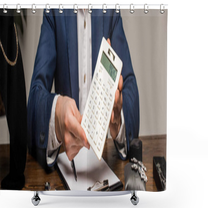 Personality  Cropped View Of Jewelry Appraiser Showing Calculator Near Clipboard And Jewelry On Table, Panoramic Shot Shower Curtains