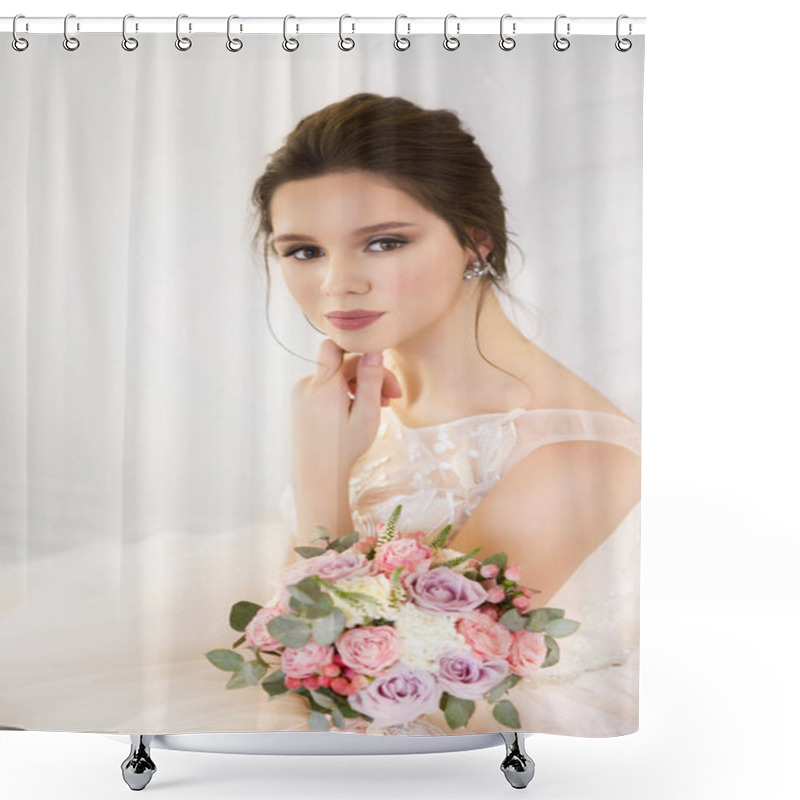 Personality  Young Beautiful Brunette Woman With Bouquet Posing In A Wedding  Shower Curtains