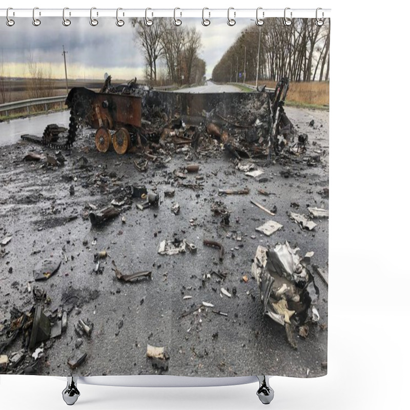 Personality  Borodyanka, Kyiv Region, Ukraine. April 08, 2022: Destruction And Burnt Out Russian Military Vehicle In Borodyanka Shower Curtains