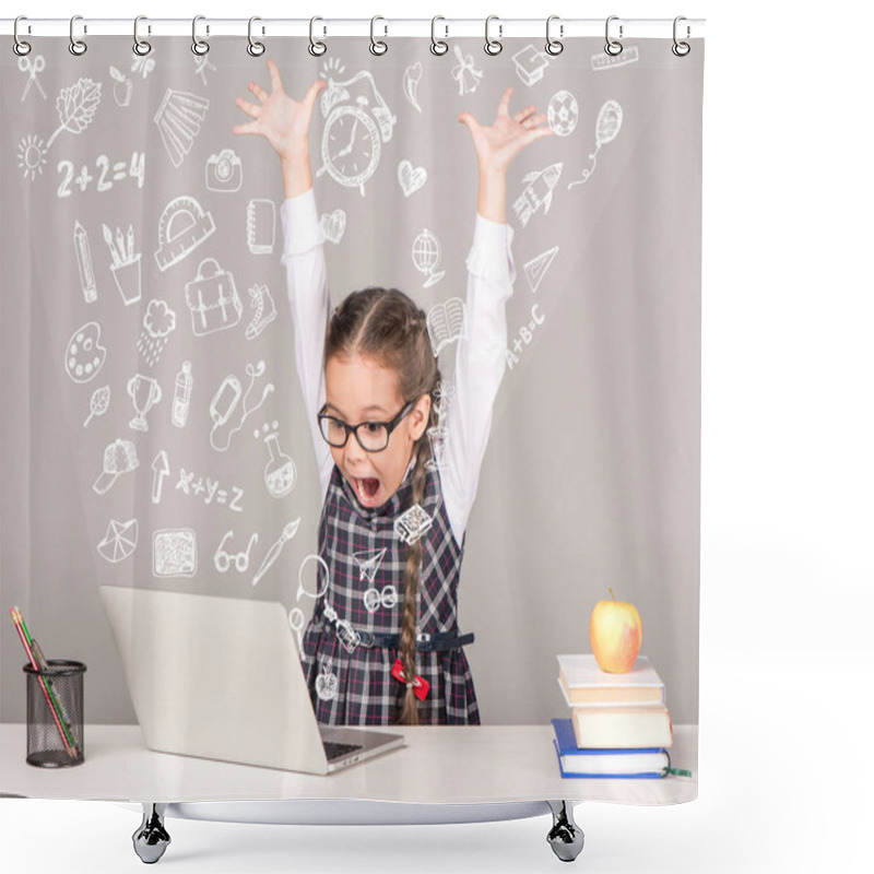 Personality  Excited Schoolgirl With Laptop Shower Curtains