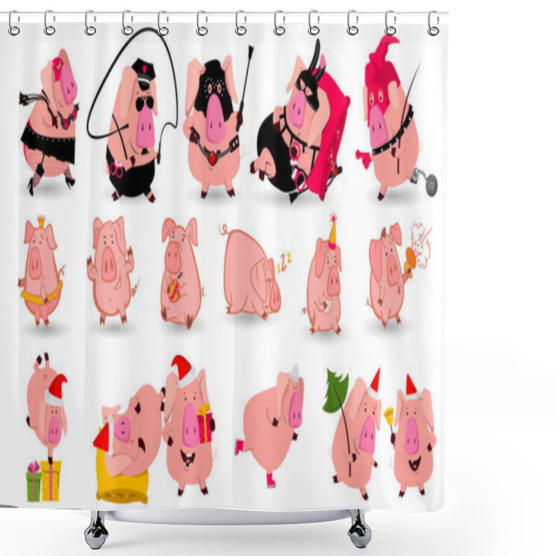 Personality  Set Of Chinese Symbol Of The 2019 Year Pig With Different Emotions. Vector Isolated Illustration Shower Curtains