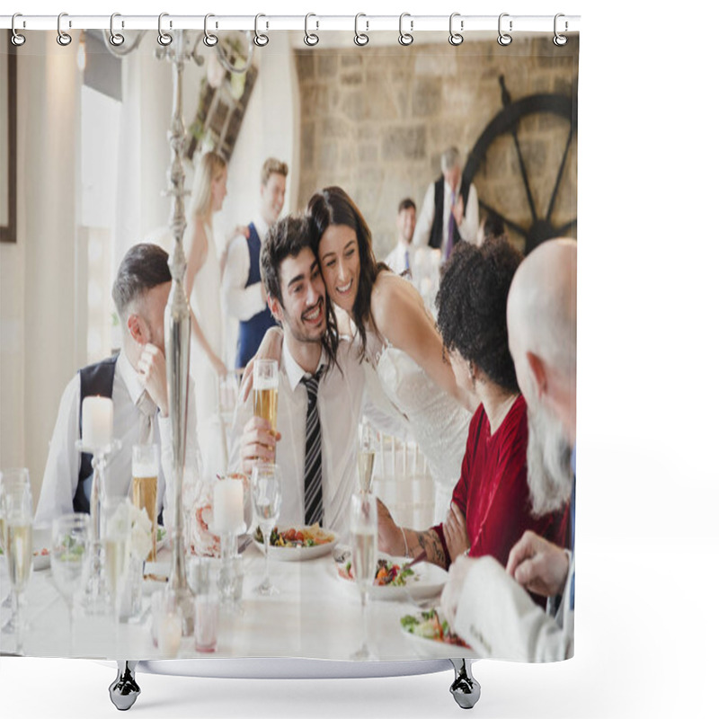 Personality  Bride Socialising With Guests At Her Wedding Meal Shower Curtains