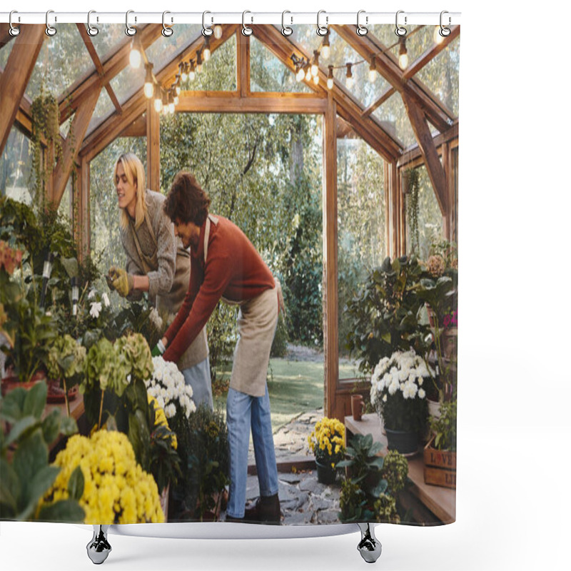 Personality  In A Whimsical Greenhouse, Young Loving Gay Couple With Stylish Looks Are Tending To Colorful Flowers. The Space Is Adorned With Lush Greenery And Warm Light, Creating A Cheerful Atmosphere. Shower Curtains