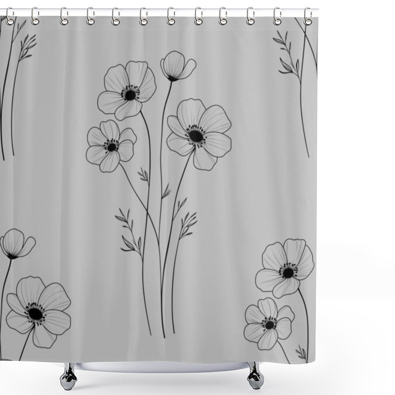 Personality  Seamless Pattern Anemone Flowers Outline Big Design On Gray Background For Prints, Textiles, Packaging, Fabrics, And Wrapping Paper Shower Curtains