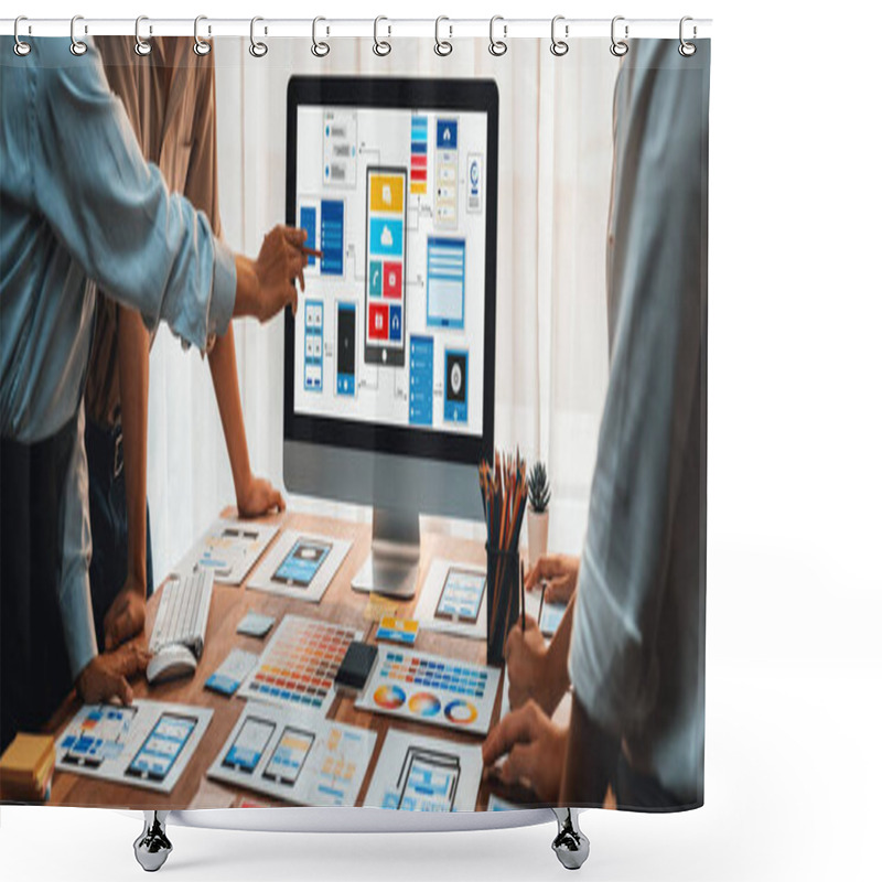 Personality  Panorama Shot Of Front-end Developer Team Brainstorming UI And UX Designs For Mobile App On Laptop Computer Screen. User Interface Development Team Planning For User-friendly UI Design. Scrutinize Shower Curtains