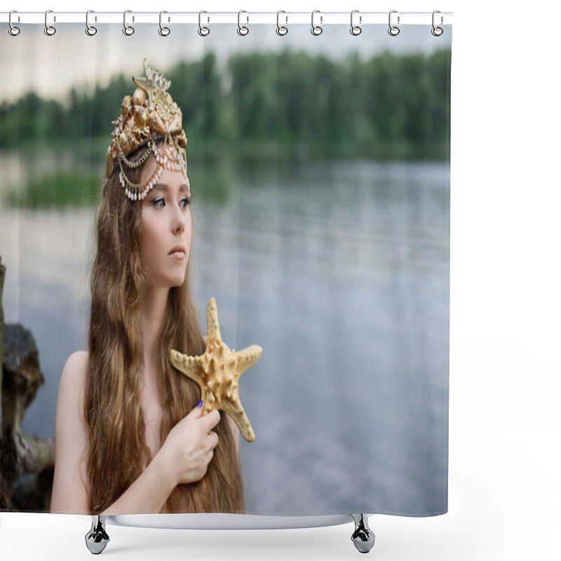 Personality  Fantasy Woman Real Mermaid With Trident Myth Goddess Of Sea With Golden Tail Sitting In Sunset On Rocks.. Gold Hair Crown Shells Pearls Jewelry. Mermaid Sitting On Shore. Fantasy Concept. Shower Curtains