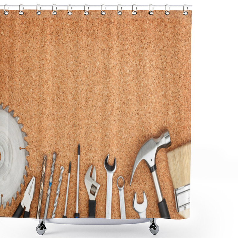 Personality  Set Of Tools On Cork Background Shower Curtains