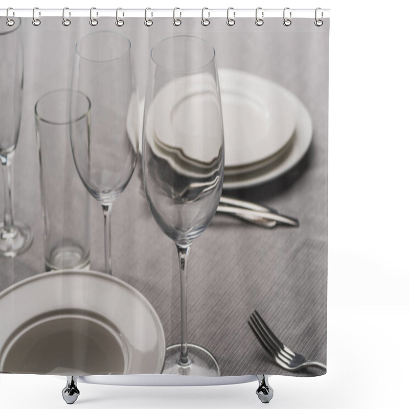 Personality  Serving Dishware With Glasses On Grey Tablecloth Shower Curtains