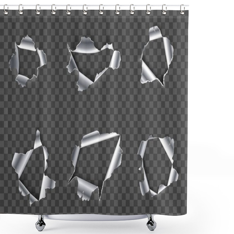 Personality  Hole In Metal. Ripped Steel, Ragged Metals Holes And Crack In Metallic Material Realistic 3D Vector Set. Fractured Metallic Gaps Isolated On Transparent Background. Damaged Iron Cliparts Collection Shower Curtains