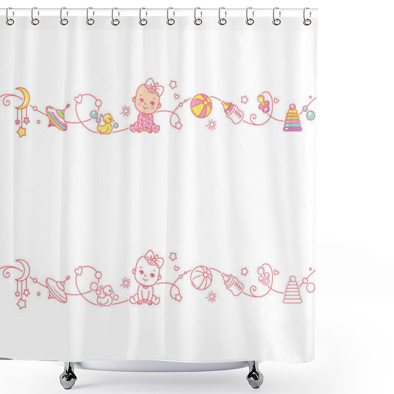 Personality  Seamless Ornamental Border With Baby Objects And Toys. Shower Curtains