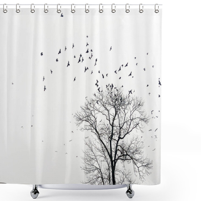 Personality  Mystic Abstract Landscape With Birds Over Trees That Fly In The Shape Of An Arc Or Female Breasts (breast Cancer, Anxiety, Depression - Concept) Shower Curtains