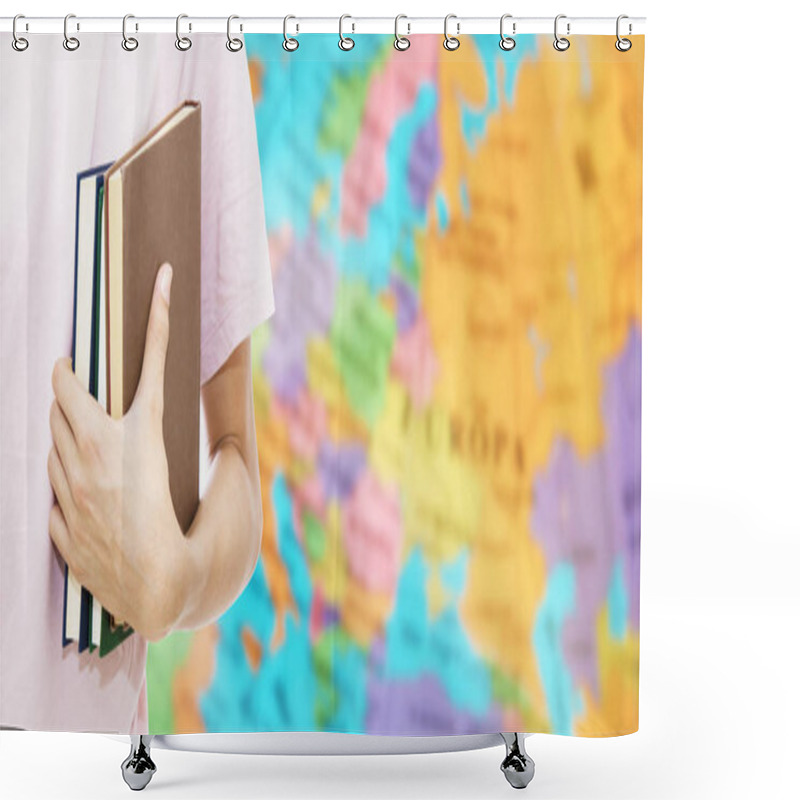 Personality  Student Hand With Books And Map, Learn Languages Shower Curtains