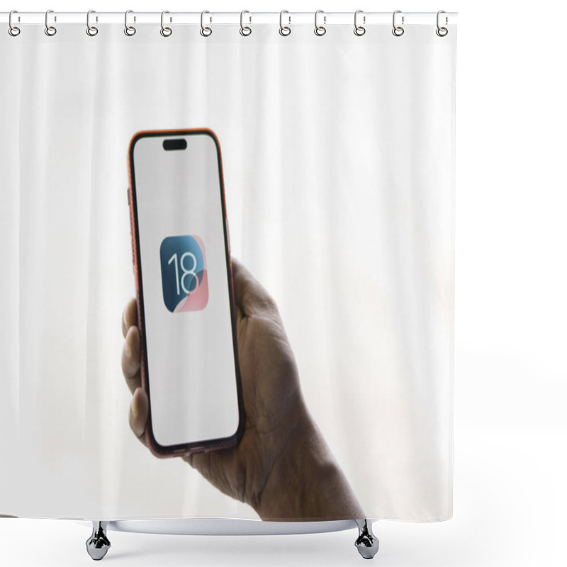 Personality  Dhaka, Bangladesh- 14 June 2024: Apple IOS 18 Logo Is Displayed On Iphone 15. Shower Curtains