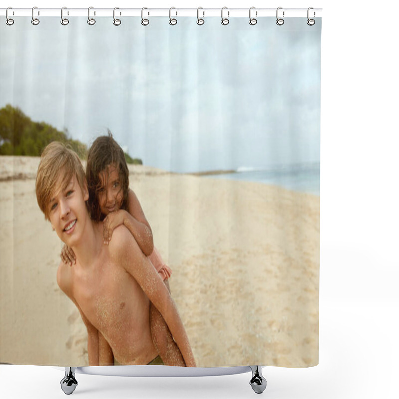 Personality  Sister And Brother On Beach. Tanned Siblings Enjoying Summer Vacation On Coast. Positive Boy And Girl Covered With Sand. Happy Childhood And Active Vacation With Family. Shower Curtains