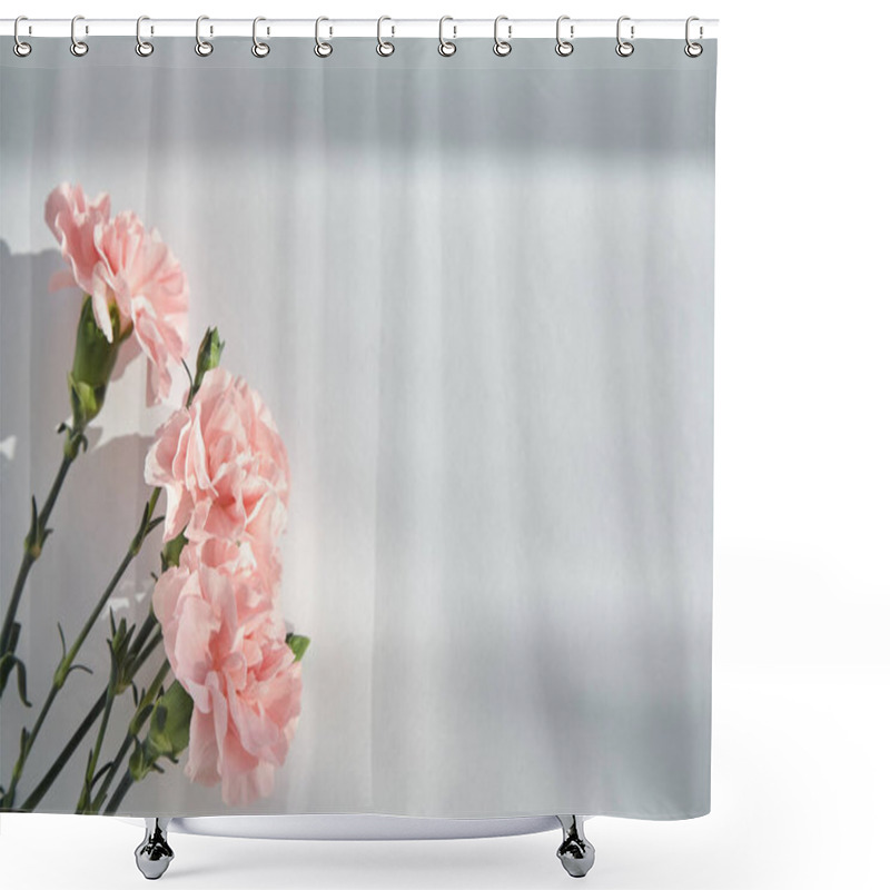 Personality  Top View Of Pink Carnations On White Background With Sunlight And Shadows Shower Curtains