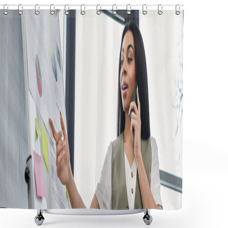 Personality  A Confident Woman Highlights Key Insights During A Business Discussion. Shower Curtains