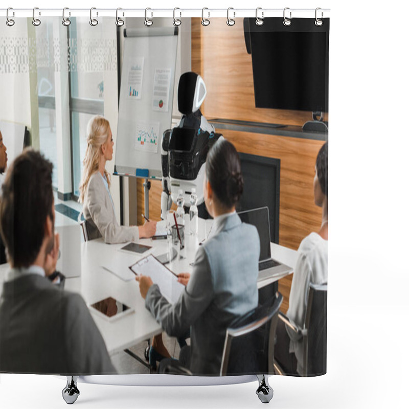 Personality  Young Multicultural Businesspeople Sitting In Conference Hall And Looking At Robot Shower Curtains