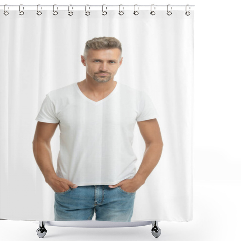 Personality  Hey, Dude. Dude Isolated On White. Handsome Man In White Tshirt. Unshaven Guy Keep Hands In Pockets Shower Curtains