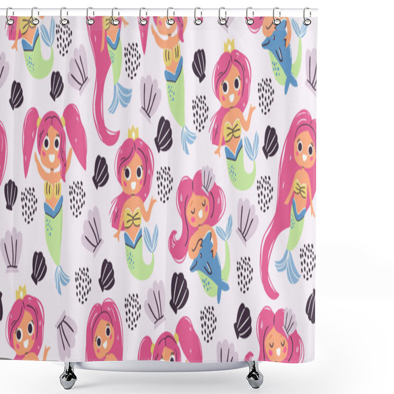 Personality  Seamless Pattern - Cute Little Mermaids, Seashells Shower Curtains