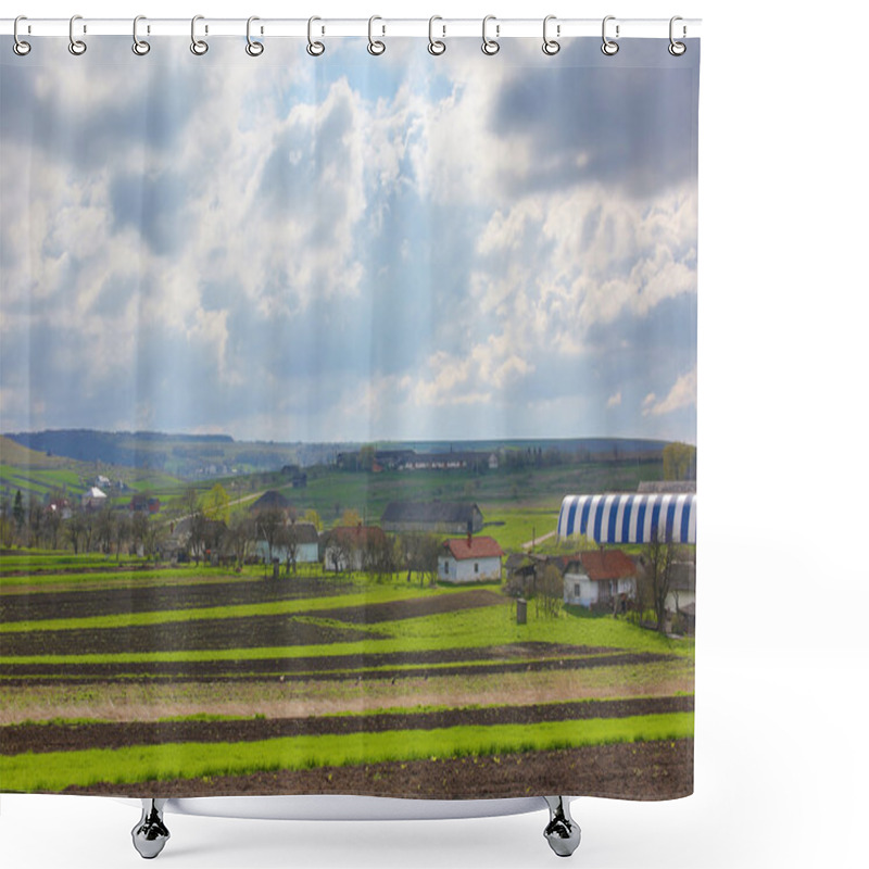 Personality  Beautiful Green Landscape Fields In Spring Time Under Clouded Sk Shower Curtains