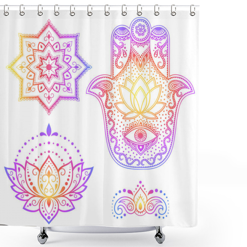 Personality  Set Of Hamsa Hand Drawn Symbol, Lotus Flower. Decorative Pattern In Oriental Style For Interior Decoration And Henna Drawings. The Ancient Sign Of 